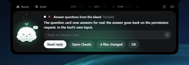 A finished session card in the island with a reply box under the message, reading Reply to Claude Code with a send arrow, above the Read reply and Open Claude buttons.