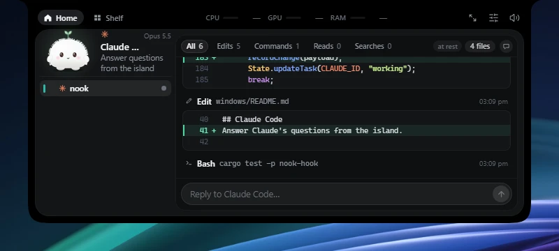 A session page at rest: the journal of what Claude Code did, and the reply box under it.