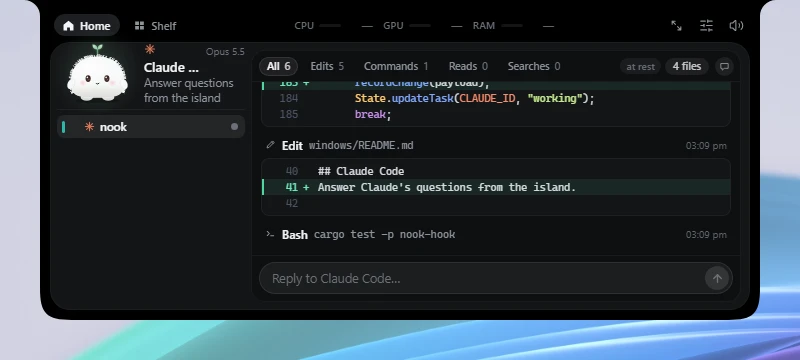 A session page at rest: the journal of what Claude Code did, and the reply box under it.