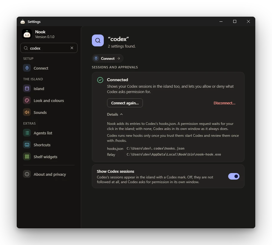 Nook Settings searched for Codex: the Codex entry is connected, its details are open with the note to trust the hooks with /hooks, and the Show Codex sessions switch is on.