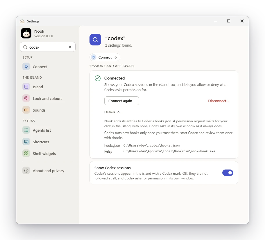 Nook Settings searched for Codex: the Codex entry is connected, its details are open with the note to trust the hooks with /hooks, and the Show Codex sessions switch is on.